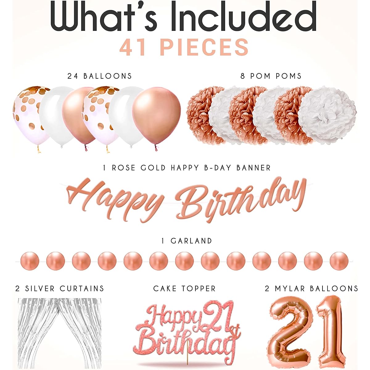 EPIQUEONE Happy Birthday Banner, Tassel Garland, Latex Balloons, Confetti Balloons, Tissue Paper Pom|Rose Gold 21st Birthday