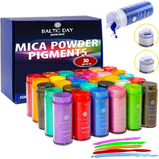 Mica Powder - 30 Colors Shake & Pour Jar Set [300g/10.6oz] - Epoxy Resin Colorant - Cosmetic Grade Pigment - Pearl Color Colorant Dye for Slime Bath Bombs Soap Lip Balm Gloss Nails Tumblers Polymer Clay