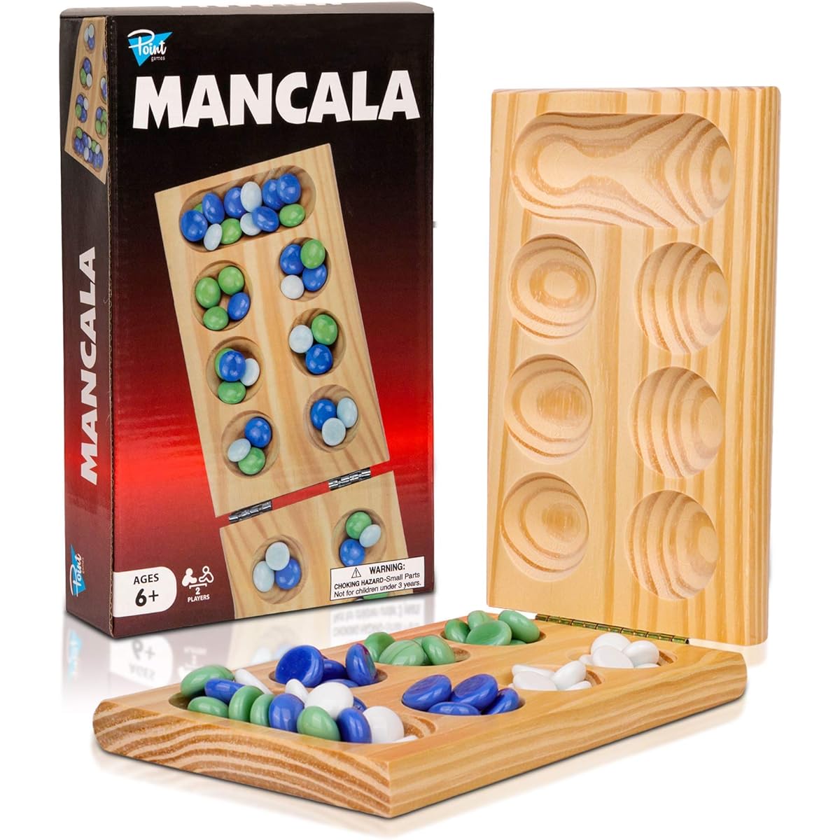 Point Games Solid Pine Mancala Folding Board Game with Blue/Green/White Marbles, Portable Strategy Travel Game, Recommended for Ages 6+