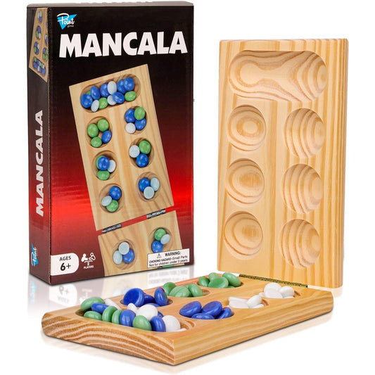 Point Games Solid Pine Mancala Folding Board Game with Blue/Green/White Marbles, Portable Strategy Travel Game, Recommended for Ages 6+