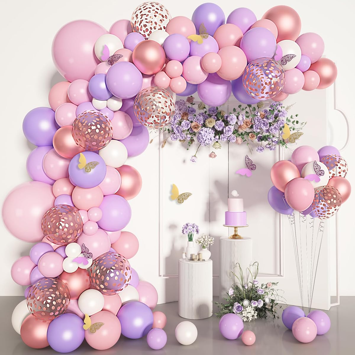 Pink Balloon Garland Arch Kit 151pcs Rose Gold White Pink Purple Balloons Confetti Latex Balloons Butterfly Stickers Decorations for Birthday Party Wedding Baby Shower Decorations