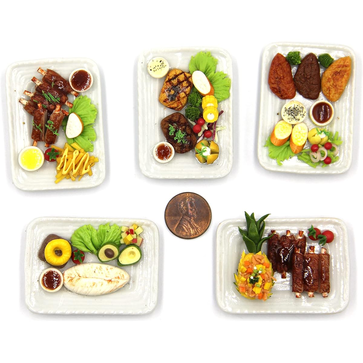Lovely Mix 5pcs Assorted Hawaiian Grill Steak Appetizer Plate Dollhouse Miniature Food Collectibles Small Food Fits Barbie Doll and Diorama Scale 1:6