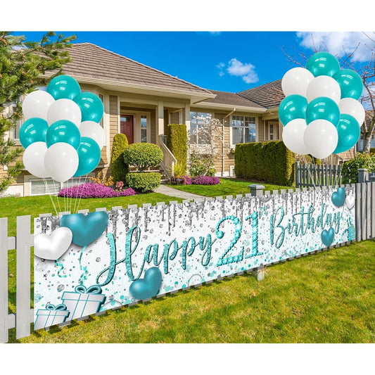 21st Birthday Decorations for Her Teal Happy 21st Birthday Yard Banner with 20 White Teal Balloons for Girls 21st Birthday Party Decorations for Indoor Outdoor