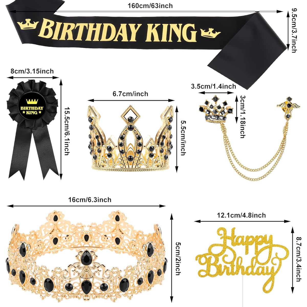 Happy Birthday Accessories Birthday Crown for Men Hanging Chain Crown Brooch Birthday Badge Pin for Birthday Party Decoration 6 Pieces
