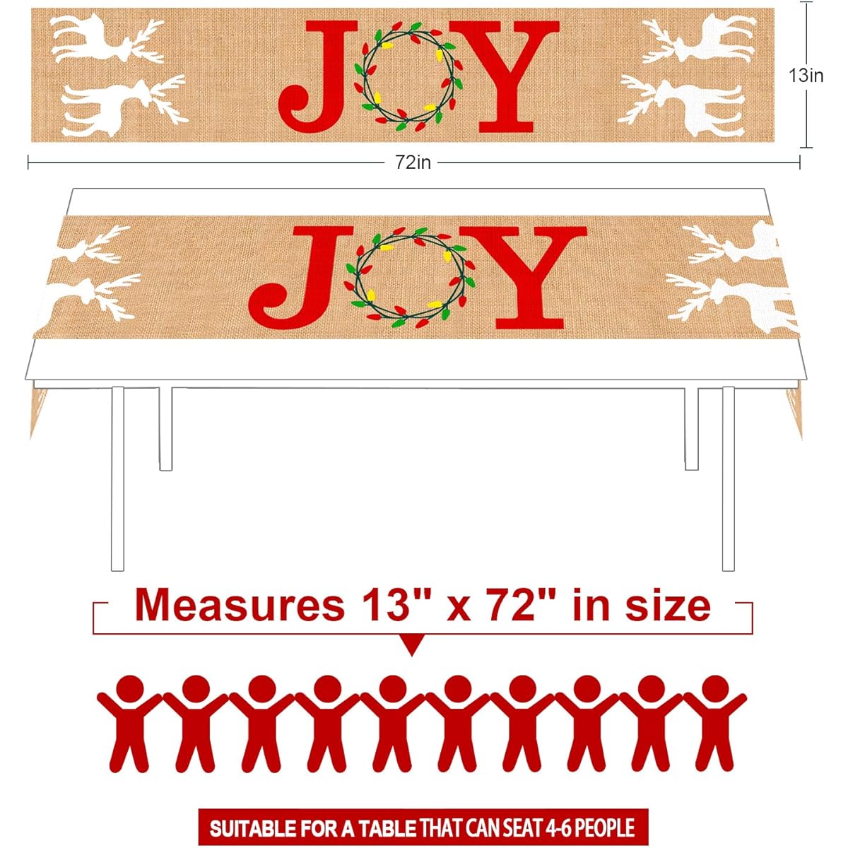 Tifeson Burlap Christmas Table Runner 13 x 72 Inch Rustic Christmas Joy Table Runner for Christmas Holidays Family Gatherings Dinner Table Decor for Indoor or Outdoor Parties