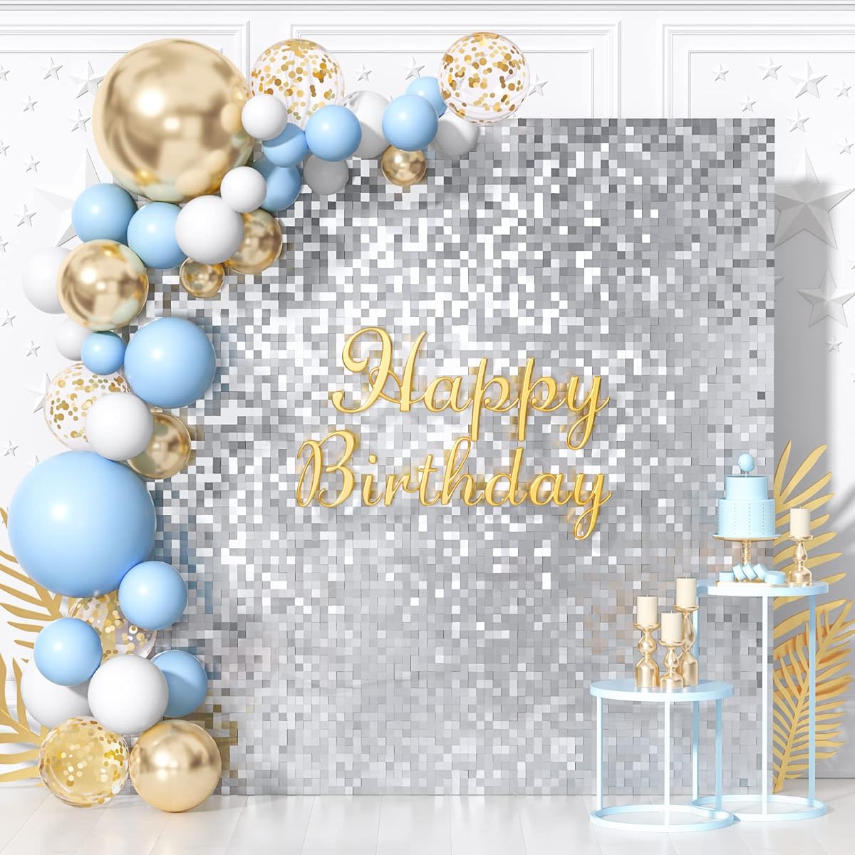 HUICYHFR Silver Shimmer Wall Backdrop - 36 Panels Square Sequin Sparkle Background Photography Backdrop Birthday Engagement Anniversary Wedding Bachelorette Party Decorations