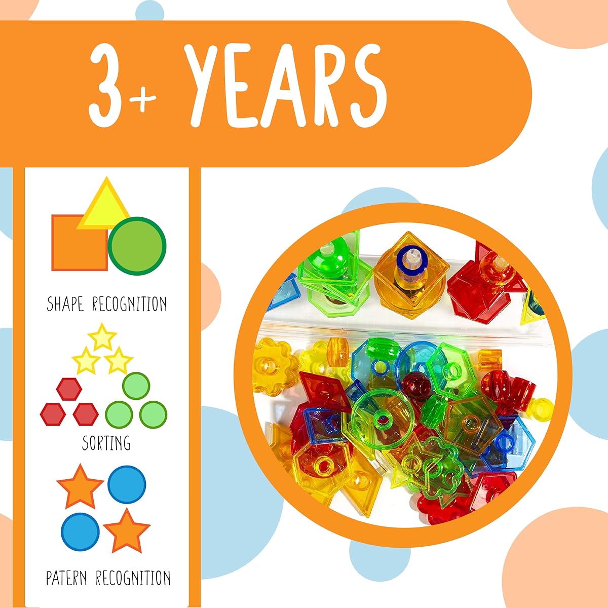 Think Fast Toys Translucent Multi-Function Sorting Set - 92 Geo Shapes, 50 Geo Beads, 5 Sticks, 1 Base, Retail Packaging