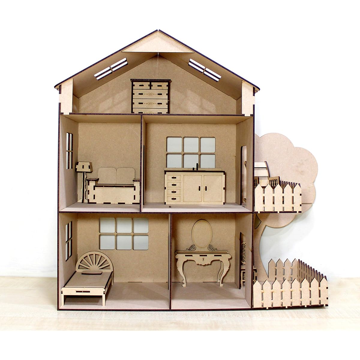 StonKraft Wooden 3D Puzzle Dollhouse - Home Decor, Construction Toy, Modeling Kit, School Project - Easy to Assemble (Dollhouse with Furniture) One Size, Beige