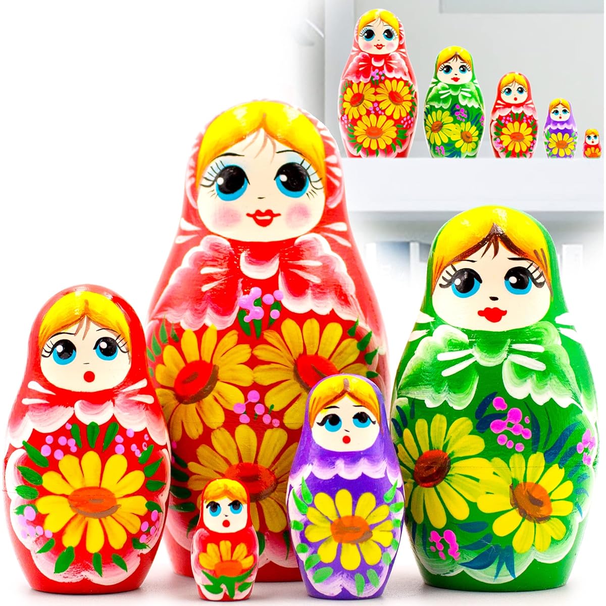 AEVVV 5 Piece Russian Nesting Dolls Set - Multicolor Russian Dolls with Yellow Gerbera Flowers - Yellow Flower Matryoshka Dolls - Gerbera Daisy Decor
