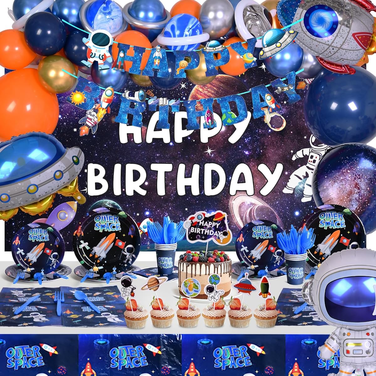CUTEUP Space Birthday Party Decorations - 245 Pieces Space Theme Party Supplies Balloon Garland Kit Happy Birthday Party Supplies Disposable Tableware Banner Set for Boys Girls Kids - 16 Guests