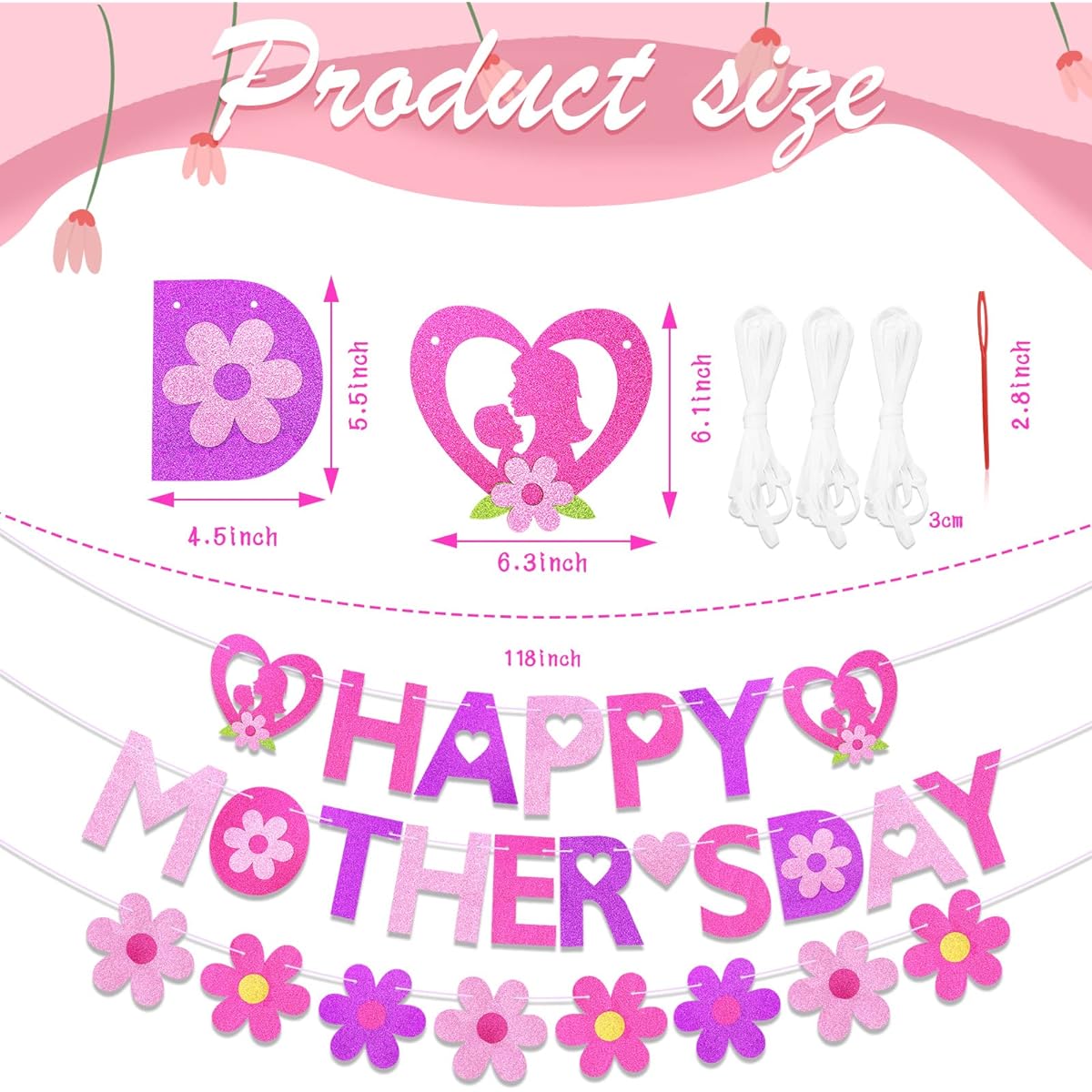 HOWAF Mother's Day Decoration Banner Glitter Backdrop Banner Happy Mother's Day Party Decorations Mom's Day Party Supplies for Home Decoration Happy Mother's Day Floral Backdrop Banner