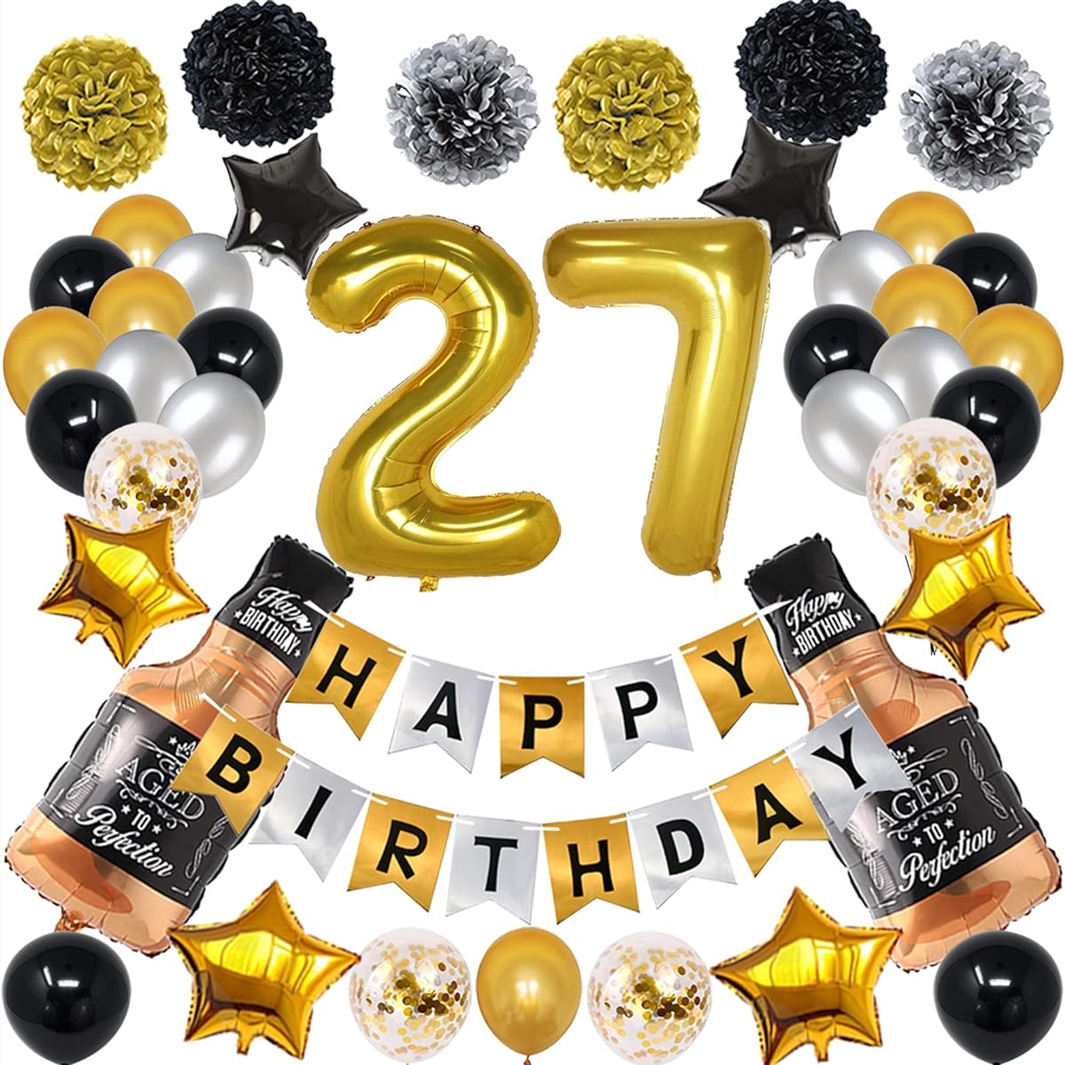 NANINUNENO 27th Gold Birthday Decorations, Gold Black Silver Happy Birthday Balloons Supplies for Boys Girls Women, 27th Birthday Party Set with Gold Number Balloons, Happy Birthday Banner and 27 Whiskey Bottle Balloons