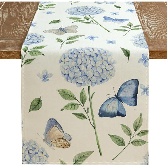 ARKENY Summer Hydrangea Flower Butterfly Table Runner 13 x 90 Inch, Seasonal Spring Decor, Holiday Farmhouse, Indoor, Vintage Theme, Gatherings, Dinner Party Decorations