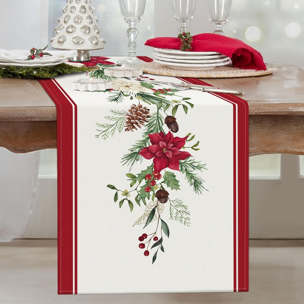 Bonhause Christmas Poinsettia Table Runner 13x90 Inch Red Floral Pine Branch Seasonal Winter Holiday Kitchen Dining Table Decor Indoor Outdoor Home Party Decor
