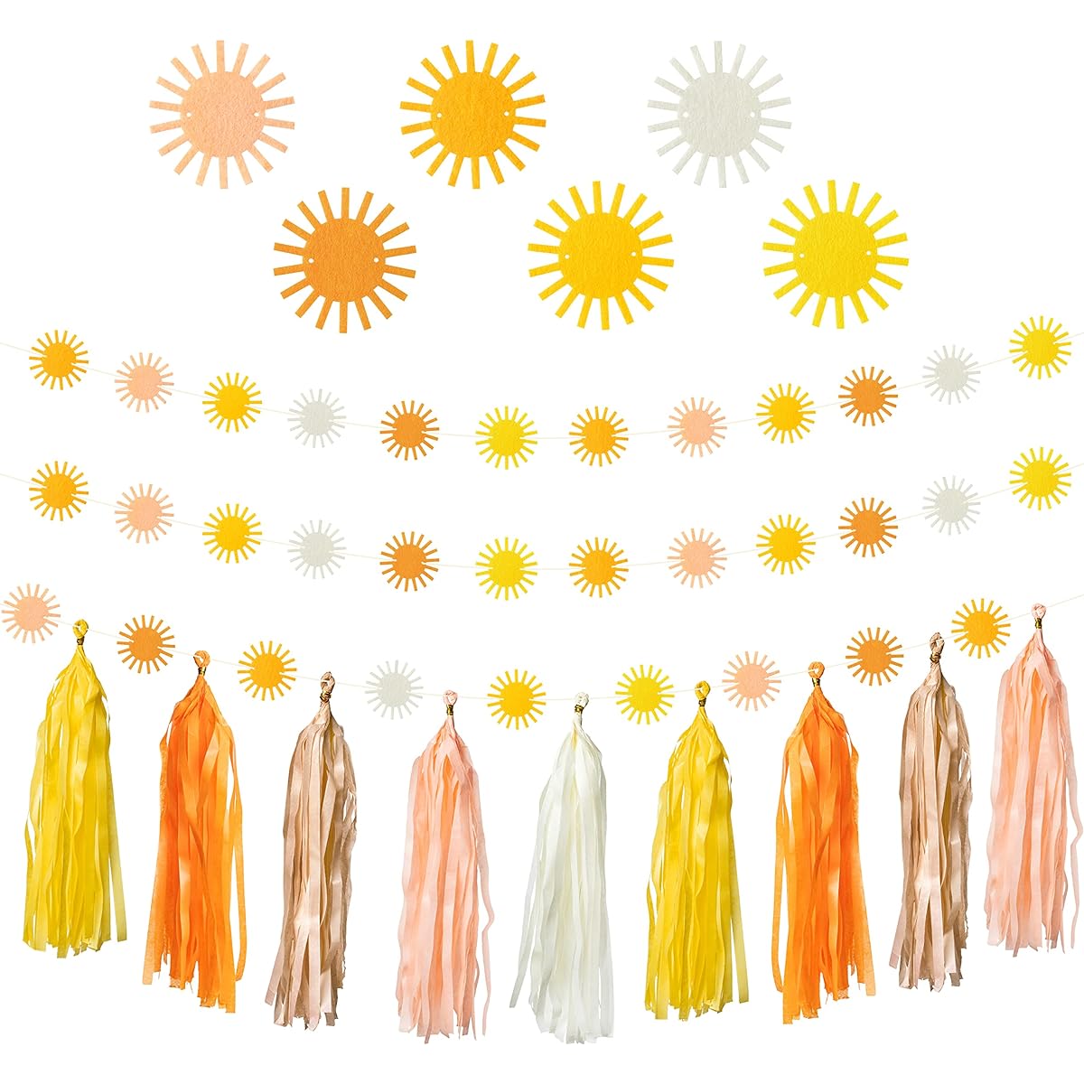 G1ngtar 53pcs Boho Sun Garland Tassel Banner Hippie Calm Sun First Trip Party Decorations Beautiful Indoor/Outdoor/Faux Felt Wall Decor for Birthday Baby Shower Wedding