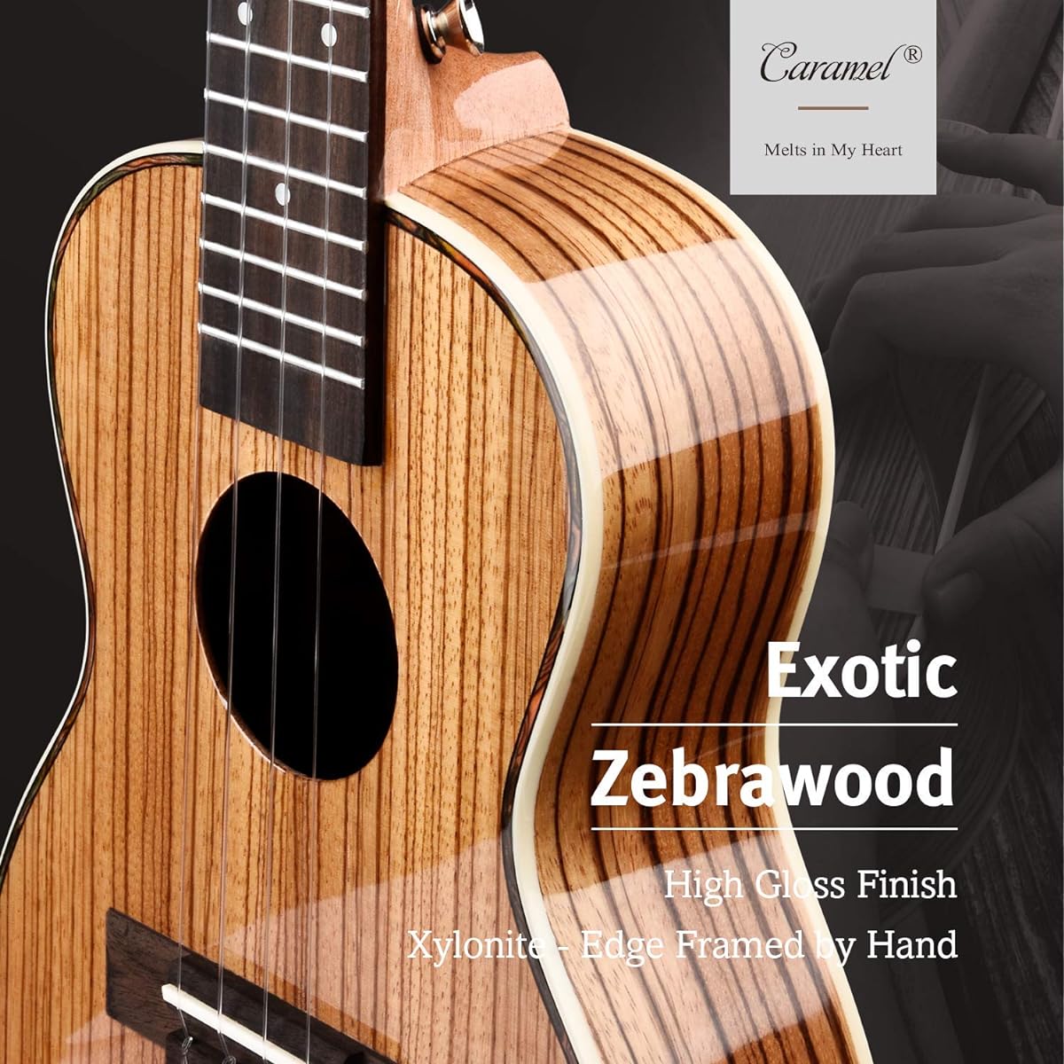 Caramel 23" CC103A Zebra Wood High Gloss Concert Ukulele Beginner Professional Ukulele Ukalary Gig Bag Strap Kit