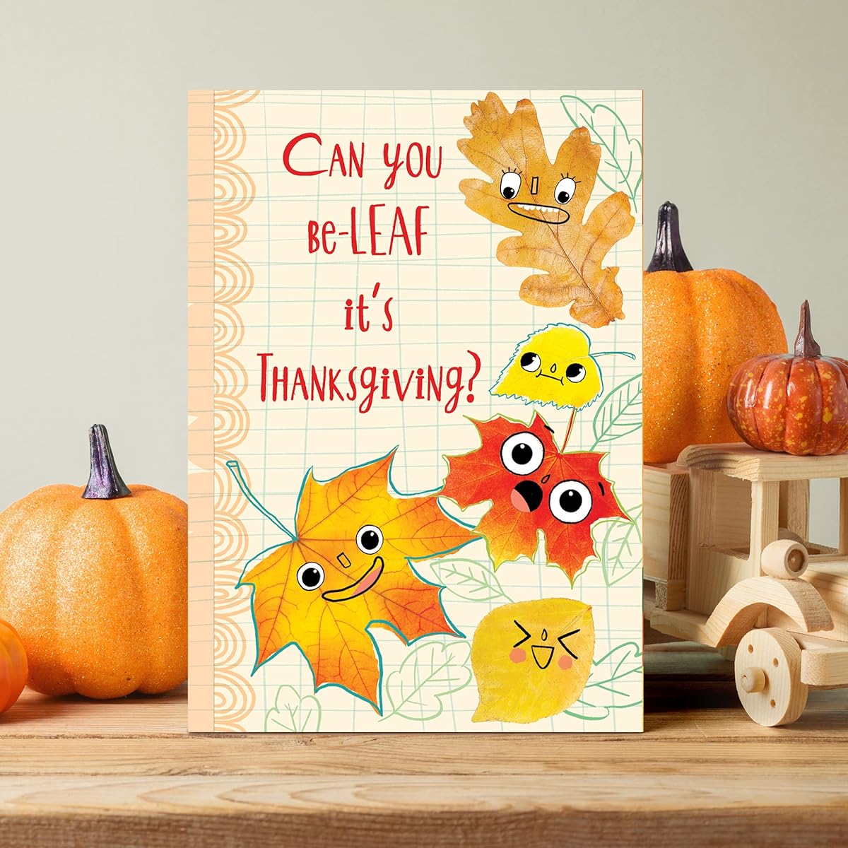 Designer Greetings Thanksgiving Packaged Cards Silly Leaves "Can You Be-Leaf it's Thanksgiving" Design (6 Cards with Orange Envelopes) - Great for Kids