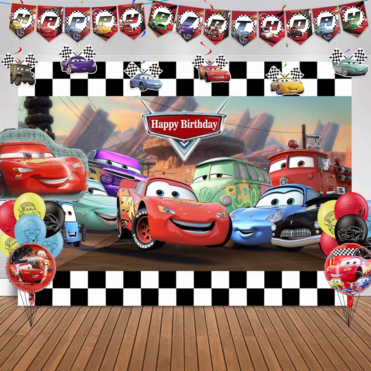 Cars Birthday Party Supplies Lightning McQueen Birthday Party Supplies Decorations with Banner, Foil Balloons, Tablecloth, Plates, Backdrop, Forks for Kids