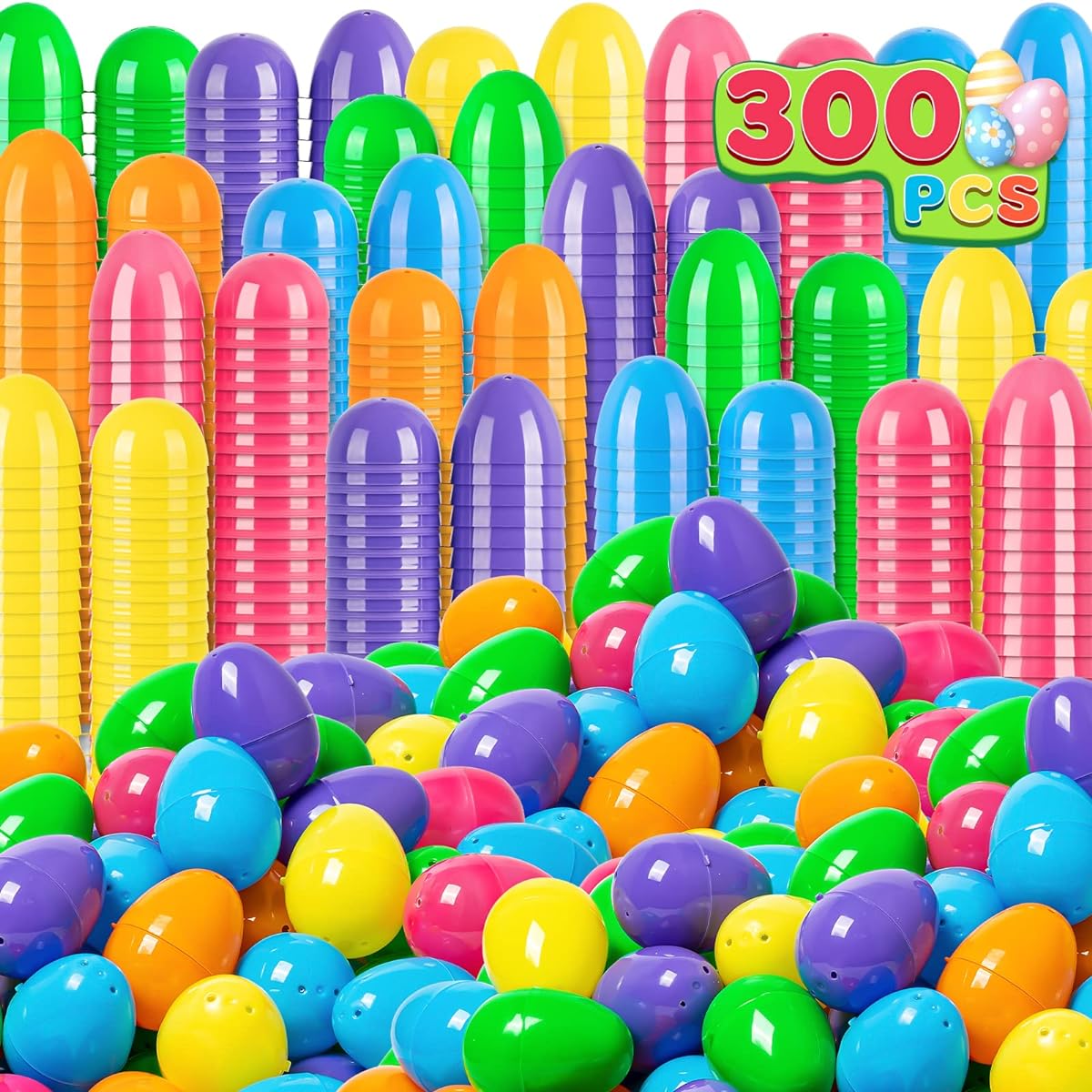 V-Opitos 300pcs Plastic Easter Eggs 2.4" Bulk Empty Easter Eggs 6 Colors Hinged Filler Eggs Easter Egg Hunt Surprise Egg Basket Stuffer Filler Kids Easter Party Favors