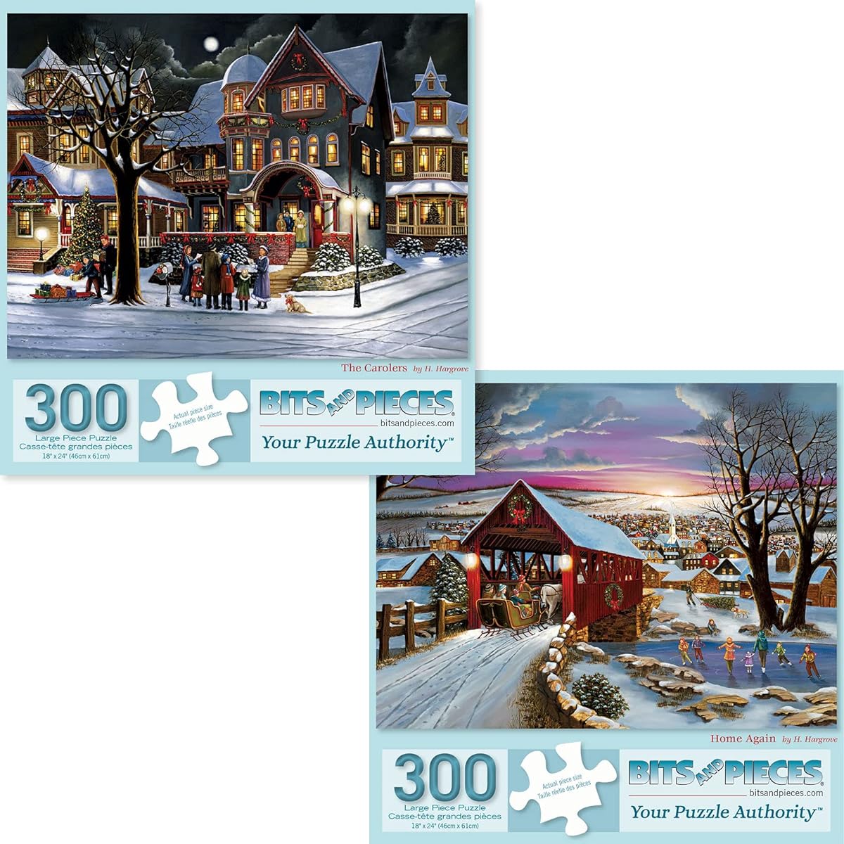 Bits and Pieces - Value Pack of 2 300 Piece Jigsaw Puzzles for Adults - Puzzle Measures 18" x 24" - 300 Pieces Home Again, Carolers, Christmas, Winter, Snow, Holiday Village, Artist: H. Hargrove