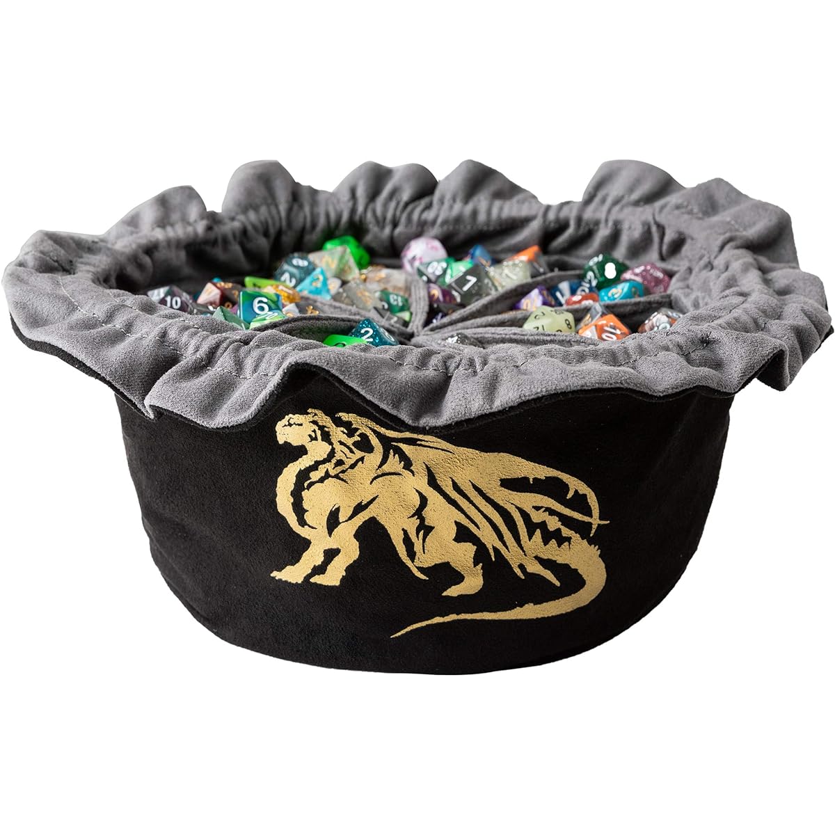 DND Dice Dragon Drawstring Bag with Pocket Black Storage Bag for RPG MTG Game Dice Capacity 300+
