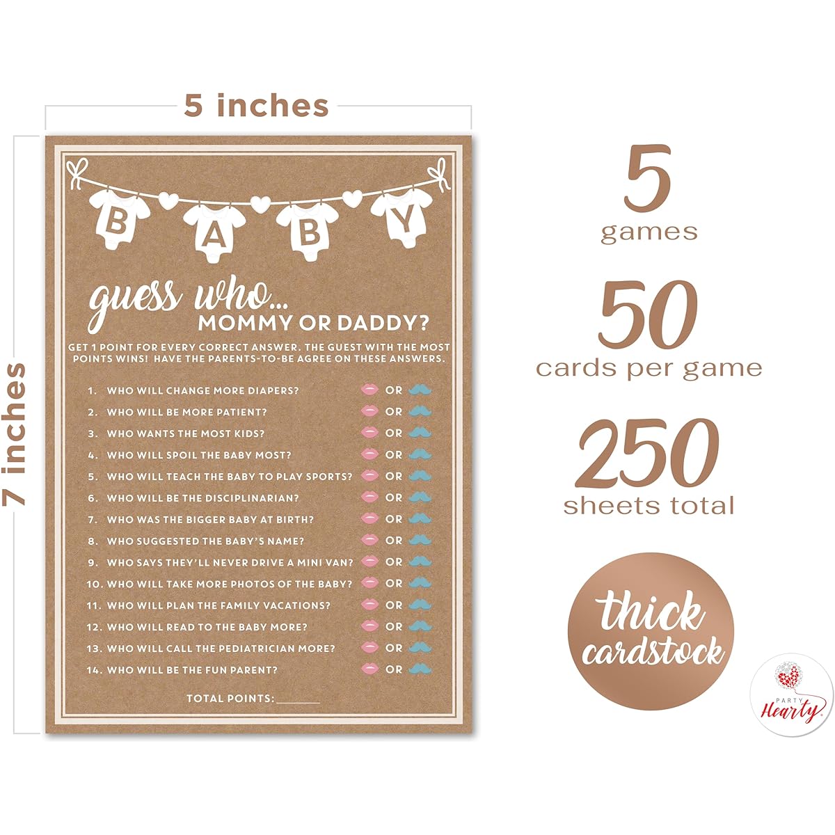 Baby Shower Game Crafts, Party Hearts, 5 Games, 50 Sheets Each, 5x7 Inch, Fun and Easy to Play Games, Baby Planning Advice, Emoji Emoticons, Guess Who Mommy or Daddy, Bingo, Word Scramble.