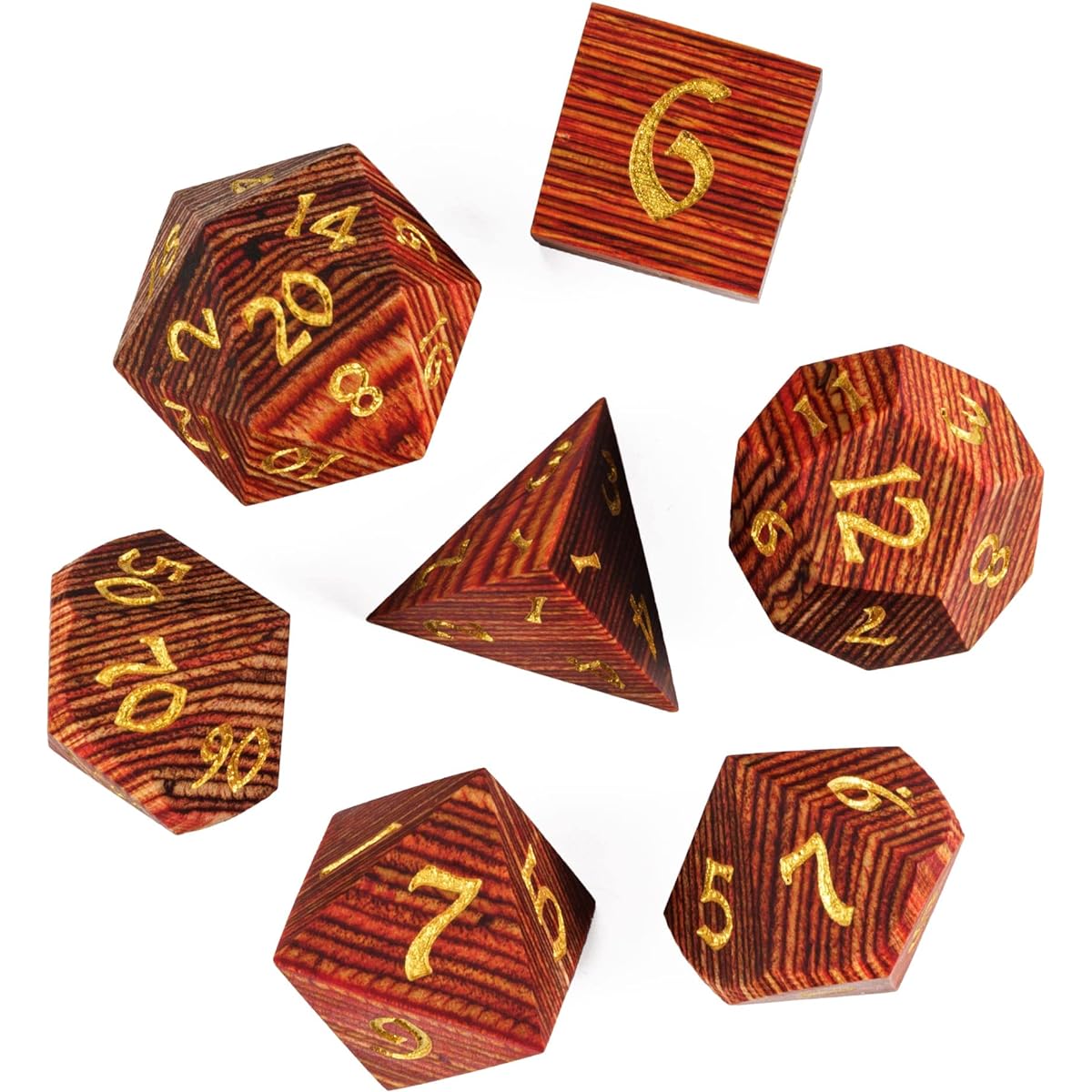 HDdais DND Dice Set, 7pcs D&D Dice Set with Iron Box, Wooden Polyhedral Dice Set for MTG Dungeons & Dragons Role Playing Game (Red Brown Stripe)