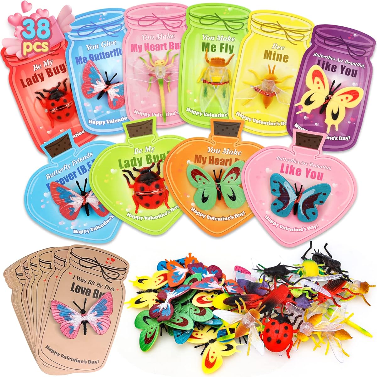 TOY Life 38 Pack Valentine's Day Cards for Kids School with Bug Toys, Valentine's Day Crafts & Valentine's Cards for Kids Classroom, Valentine's Day Small Gifts, Valentine Exchange Cards for Boys and Girls