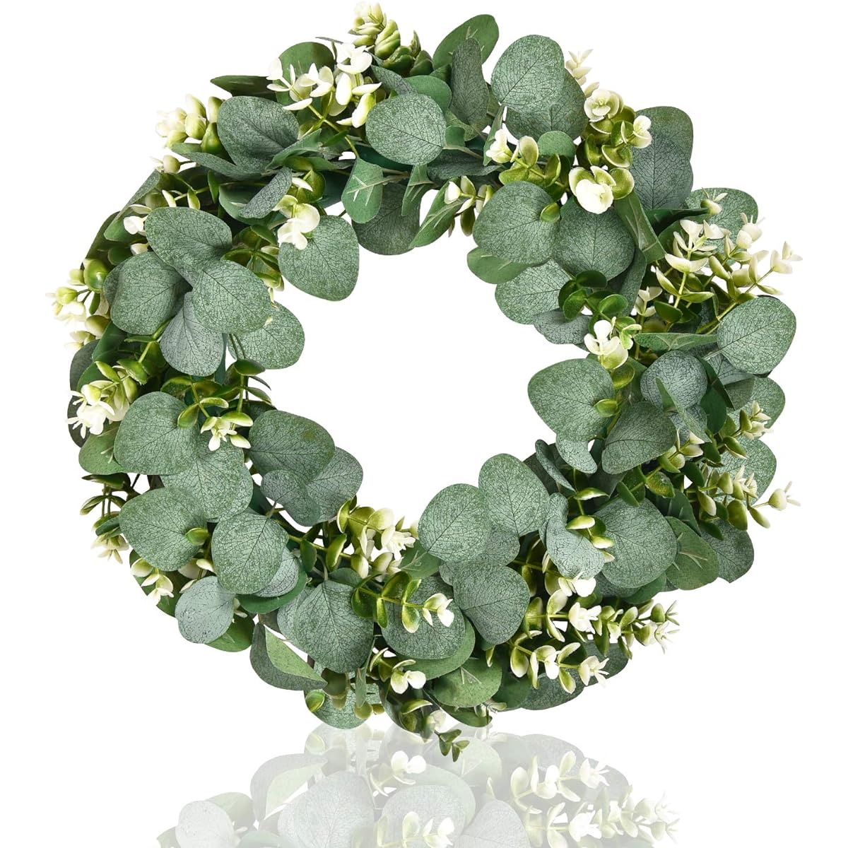 Martine Mall 15" Artificial Eucalyptus Leaf Wreath, Eucalyptus Leaf Wreath, Flower and Green Leaf Wreath, Spring Summer Green Wreath, Eucalyptus Leaf Wreath for Front Door, Window, Festival, Home Decoration