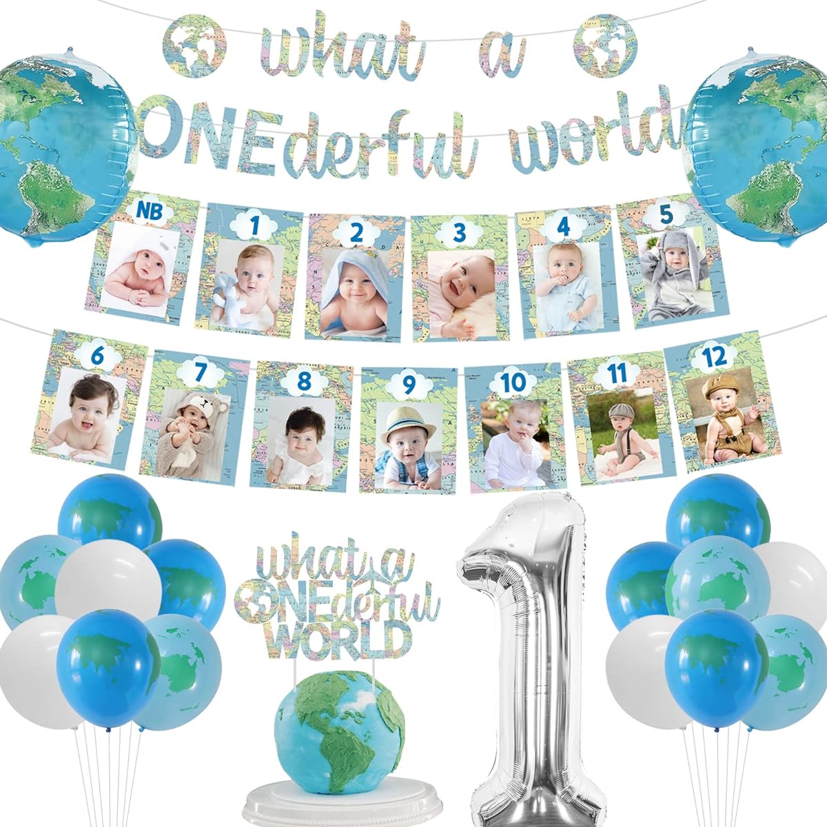 What a Onederful World 1st Birthday Decorations for Boys Travel Around the World Decorations Waiting for Adventure Birthday Party Supplies - Travel Theme Banner Cake Topper Photo Banner Balloons
