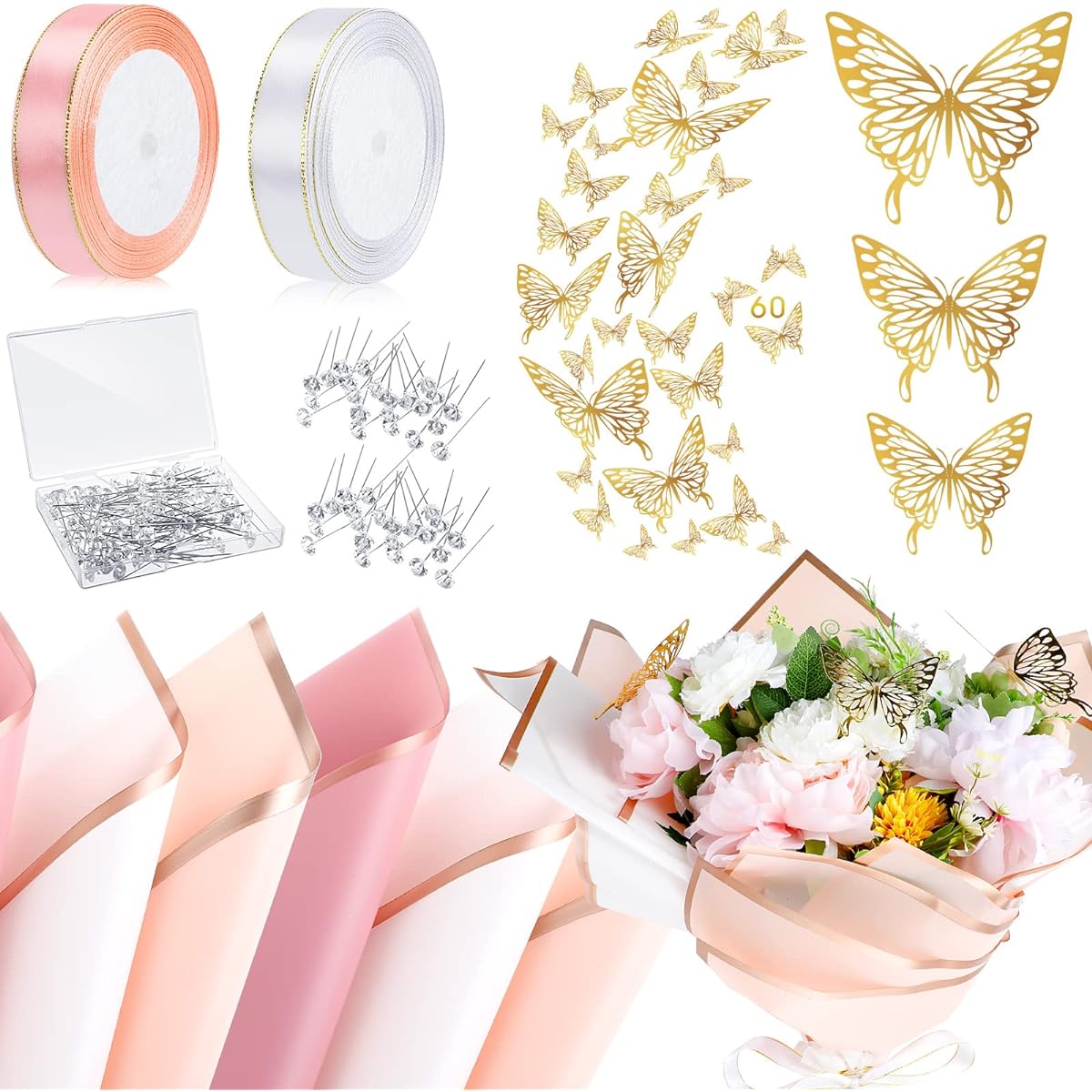 60 Sheets Flower Wrapping Paper 22.8 x 22.8 Inch Floral Wrapping Paper Sheets Rose Bouquet Paper Wrap with 2 Rolls Ribbon 100 Pieces Flower Pins 60 Pieces 3D Butterflies for Mother's Day (Pink, Rose Pink, White)