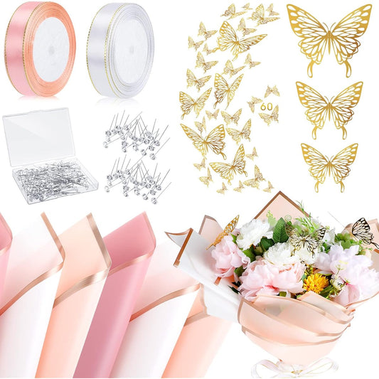 60 Sheets Flower Wrapping Paper 22.8 x 22.8 Inch Floral Wrapping Paper Sheets Rose Bouquet Paper Wrap with 2 Rolls Ribbon 100 Pieces Flower Pins 60 Pieces 3D Butterflies for Mother's Day (Pink, Rose Pink, White)