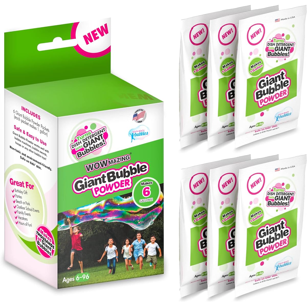 WOWMAZING Big Bubble Refill Powder Mix (6 Pack) - Turns Dish Soap into Giant Bubbles! Makes 6 Gallons! - Made in the USA