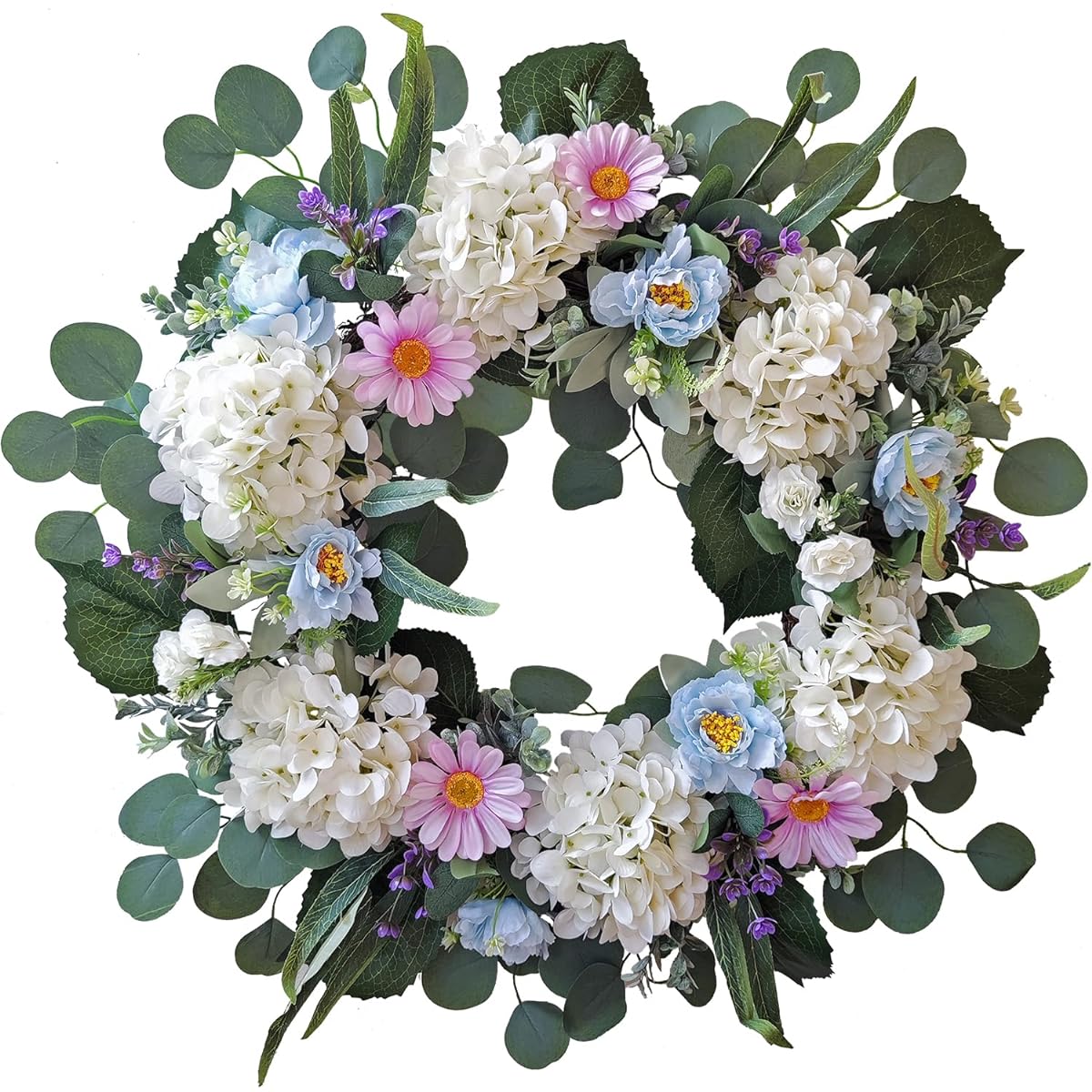 WANNA-CUL 24" Spring White Hydrangea Wreath Entryway Decor with White Rose and Blue Peony Flowers for Wedding and Home Decor