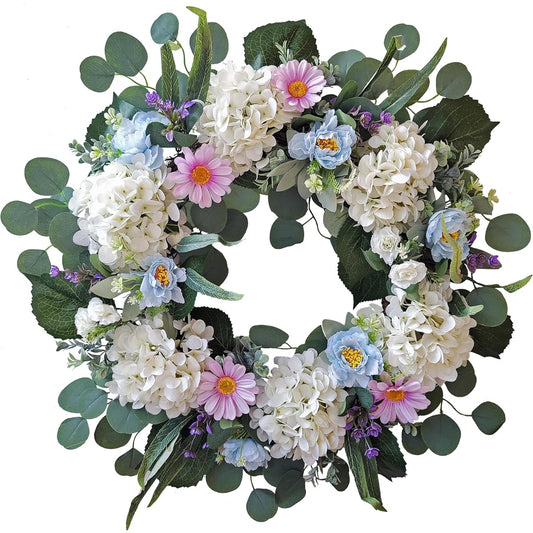 WANNA-CUL 24" Spring White Hydrangea Wreath Entryway Decor with White Rose and Blue Peony Flowers for Wedding and Home Decor