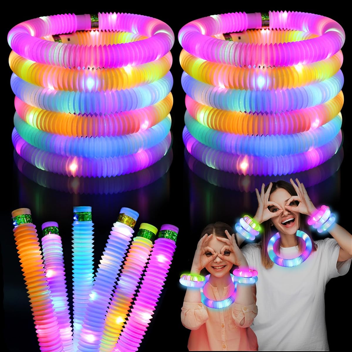 Light Up Glow Sticks Fidget Pop Tubes 24 Pack Glow in the Dark Party Supplies Toddler Sensory Toys Glow Sticks Thanksgiving Christmas Party Favors Party Pack Goodie Bag Stuffers Return Gifts for Kids