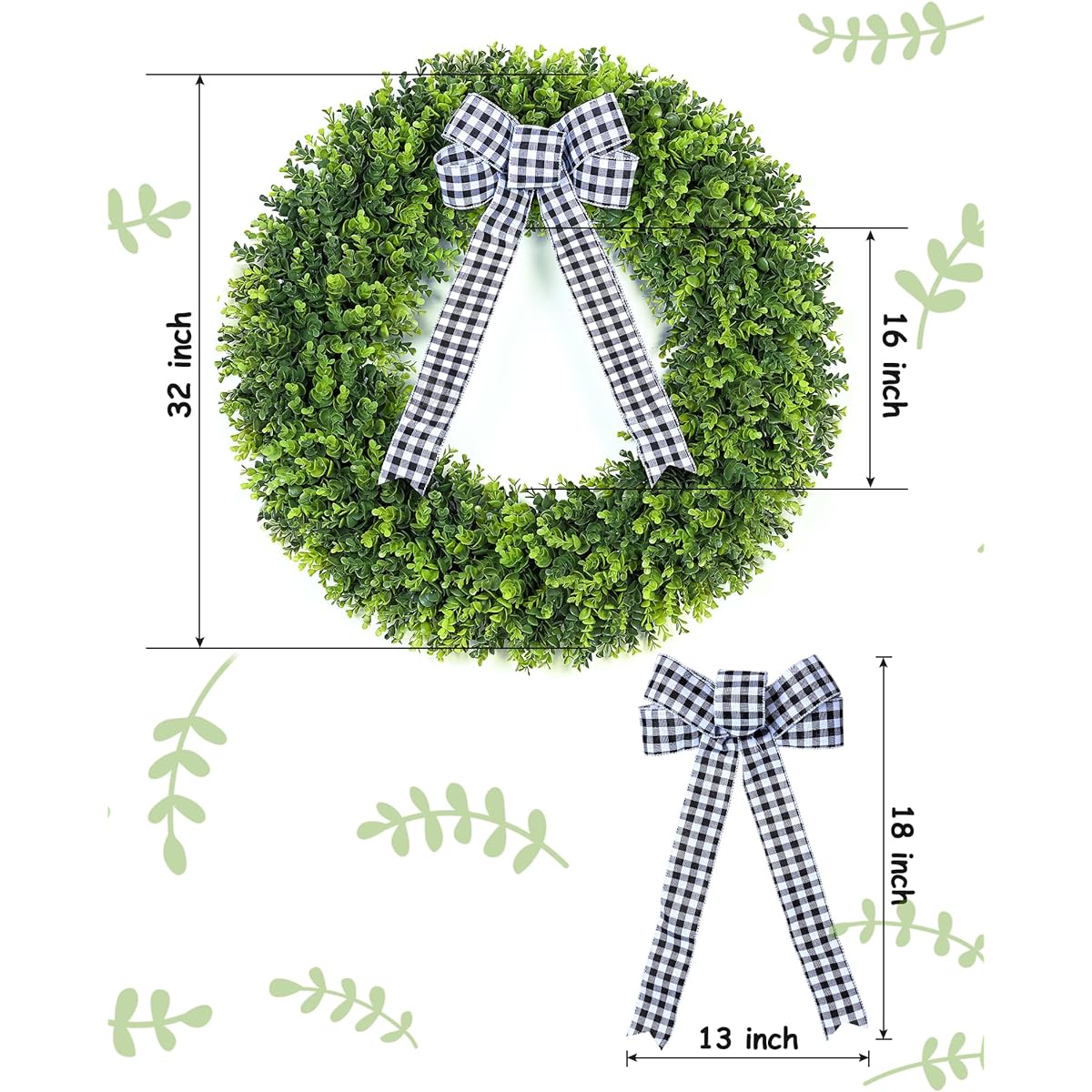 Vlorart Artificial Round Boxwood Wreath 32 Inch Artificial Large Boxwood Wreath Front Door Wreath Artificial Spring Summer Greenery with Plaid Ribbon Villa Wall Hanging Window Wedding Party Decoration