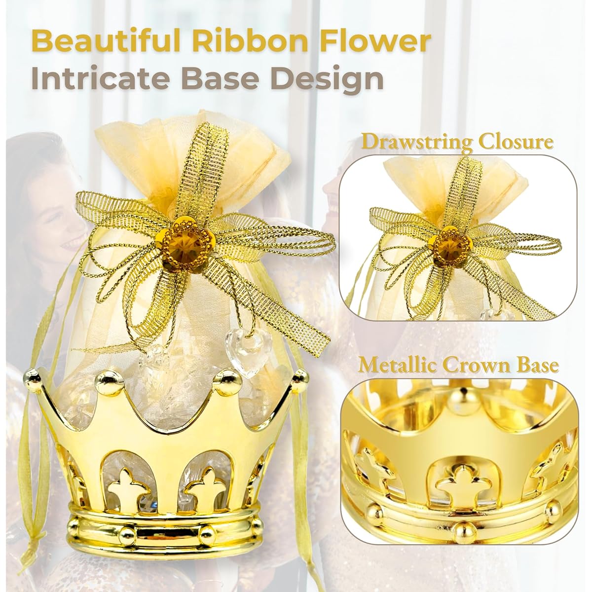 JC HUMMINGBIRD Fillable Gold Crown Pouches Baby Shower Birthday Table Decoration Gift 48pc JCPL48