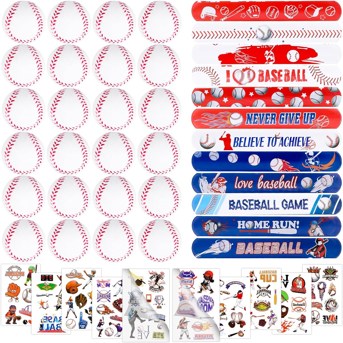 CHRIMISS 60pcs Baseball Party Favors Mini Foam Balls Baseball Tattoo Slap Bracelets Baseball Theme Birthday Party Supplies Baseball Goodie Bag Fillers