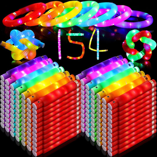 154 Pack Tubes Party Favors Sensory Toys LED Lights Glow in the Dark Party Supplies Birthday Goody Bags Stuffed Glow Sticks Tubes Sensory Fidget Toys for Teens Party Return Gifts Favors