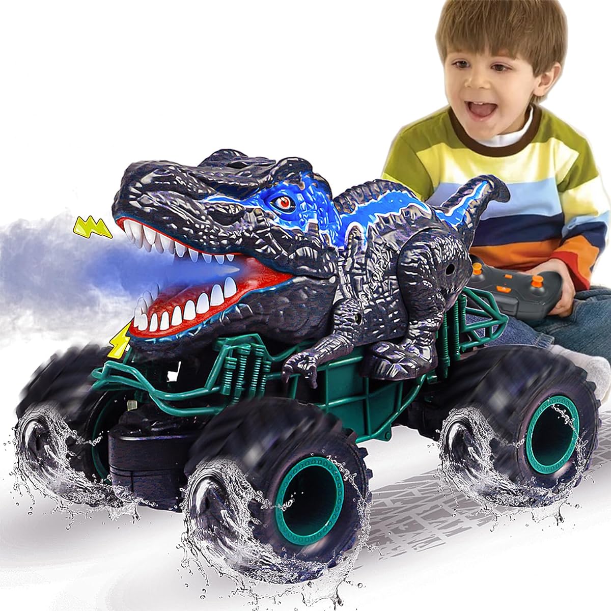 Remote Control Dinosaur Car Toy, 2.4GHz RC Dinosaur Monster Car with 2 Batteries, 80 Minutes Playtime, Remote Control Monster Truck with Spray/Sound/Light All Terrain Electric Toys, Great Gift for Boys Ages 4-12