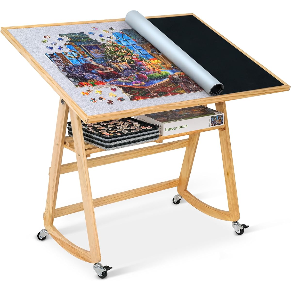 Lavievert 1500 Piece Jigsaw Puzzle Table with Legs & Cover, Adjustable Wooden Puzzle Board, Easel, Storage Shelf, Portable Tilting Puzzle Table with 4 Rolling Wheels for Adults