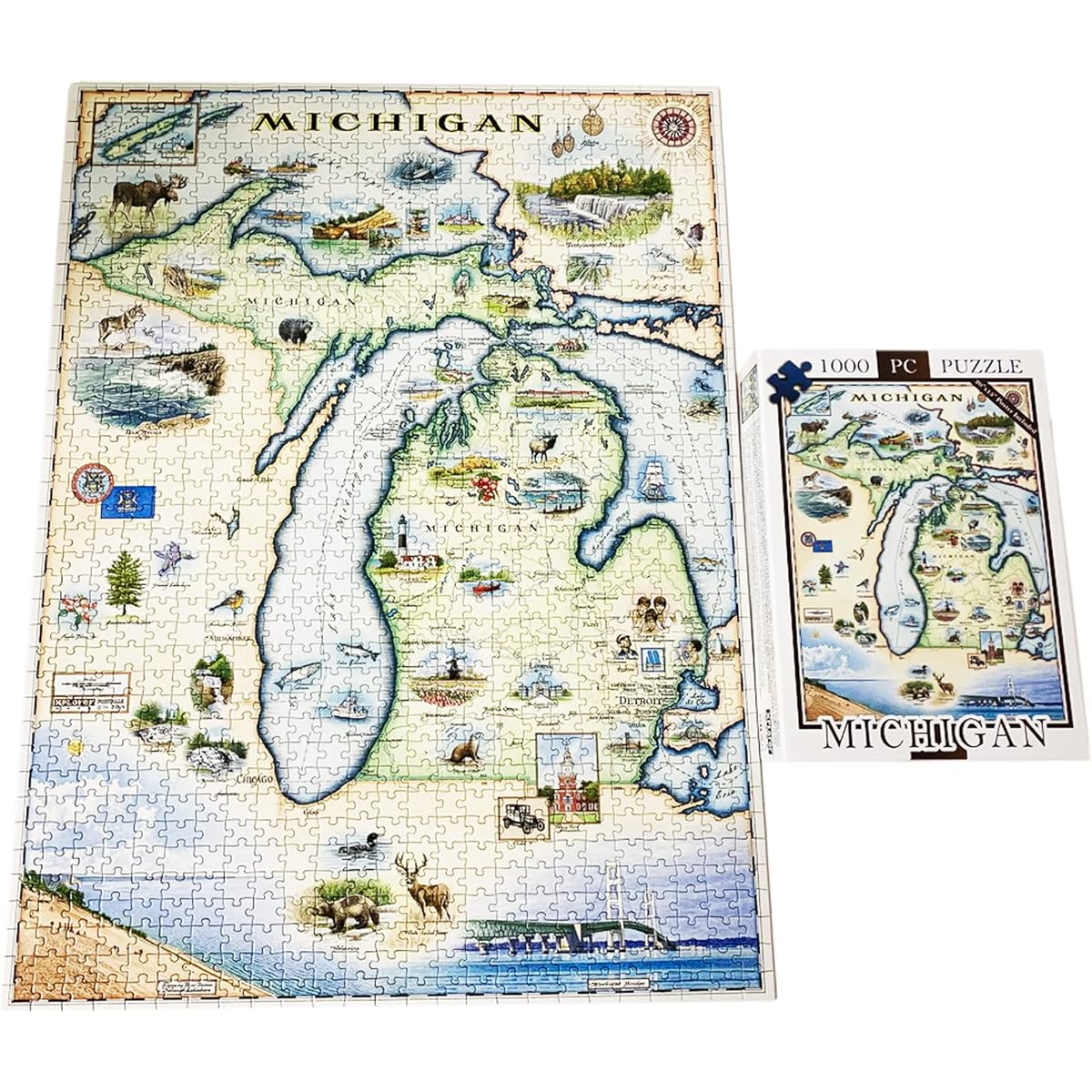 Xplorer Map 1000 Piece Michigan Cardboard Jigsaw Puzzle - Educational Jigsaw Puzzles Regions National Parks Tourist Landmarks for Adults and Teens