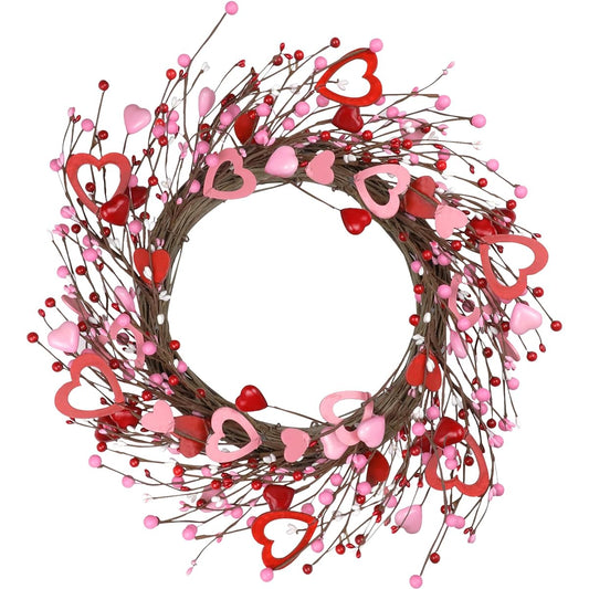 Valentine's Day Wreath 18 Inch Artificial Valentine's Day Wreath for Entrance Farmhouse Red Pink White Wooden Heart Berry Valentine's Day Decoration for Anniversary Wedding Indoor Outdoor