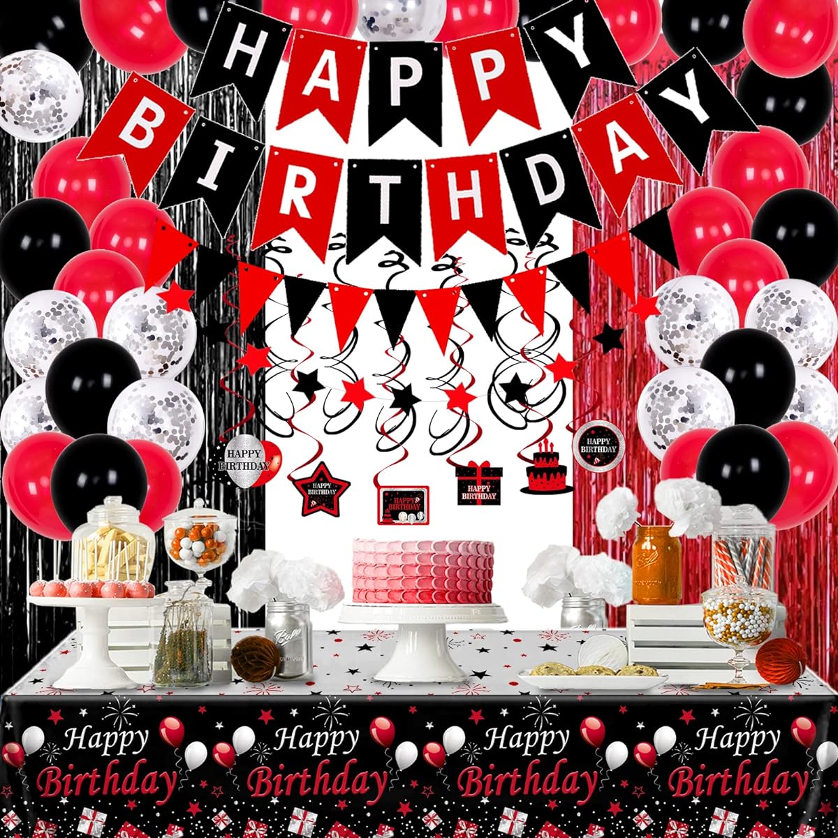 Red and Black Birthday Decorations Unisex Birthday Party Decorations for Boys and Girls Happy Birthday Banner Tablecloth Foil Fringe Curtains Hanging Swirls Decor Black & Red Party Decorations Birthday Party Supplies