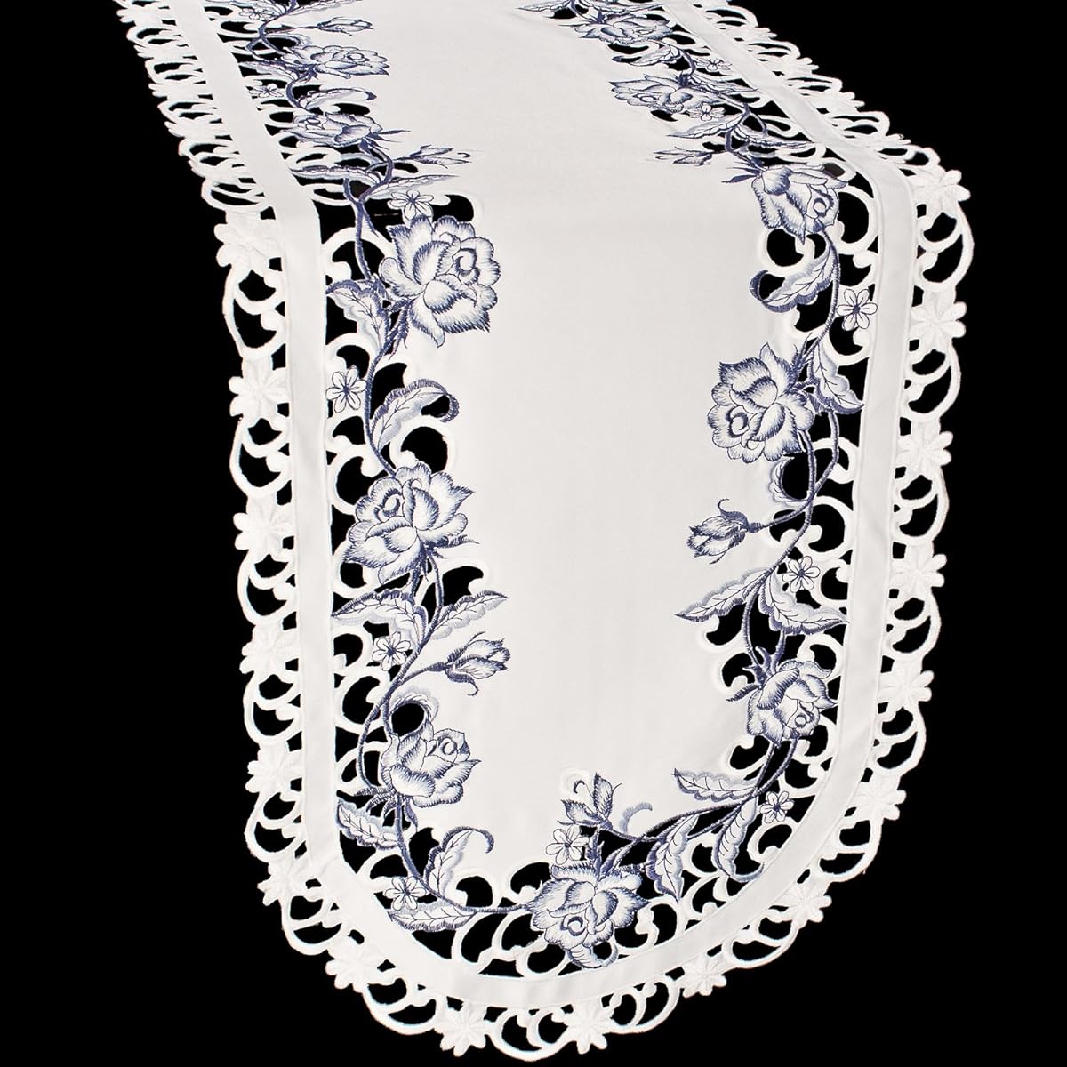 Table Runner Embroidered with Blue Roses on Bleached White Fabric, Size 54 x 15 Inch