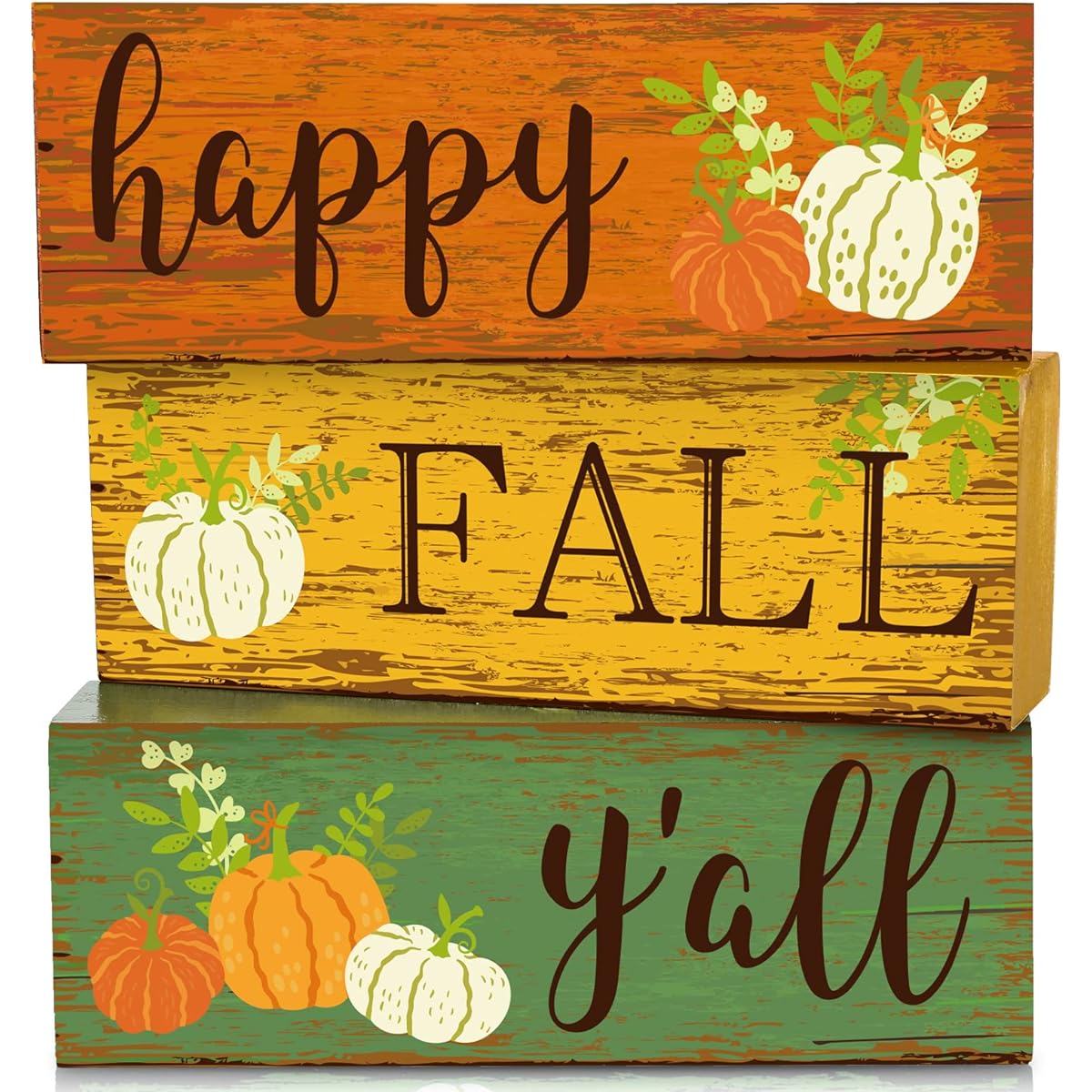Whaline 3pcs Fall Wooden Block Sign Happy Fall y'all Tiered Tray Decor Orange Yellow Green Tabletop Shelf Sitter Sign Farmhouse Fall Wooden Home Decoration Fall Thanksgiving Party Decor