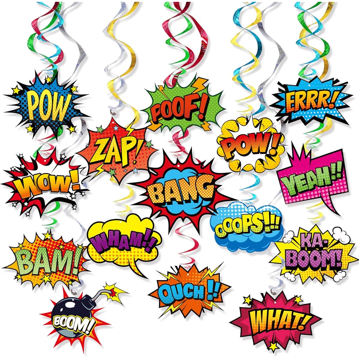 Superhero Hanging Swirls 30 Pack Hero Action Sign Foil Ceiling Hanging Swirl Stream Banner Decoration Garland for Kids Cartoon Superhero Baby Shower Celebration Event Birthday Party Supplies Room Wall Decor
