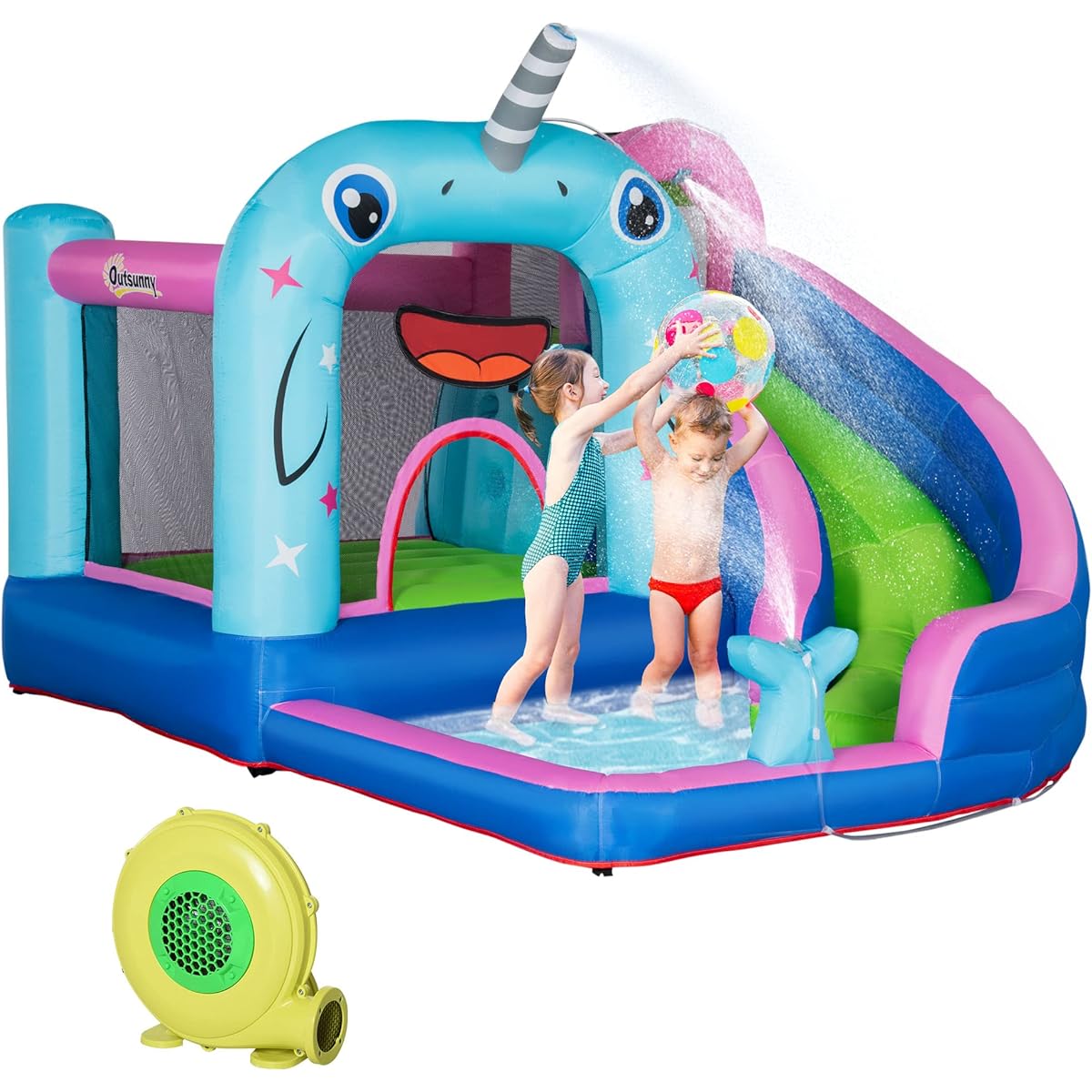 Outsunny 5-in-1 Inflatable Water Slide Narwhal Theme Bounce House Climbing Wall Water Cannon Water Pool Trampoline Repair Patch 450W Air Blower