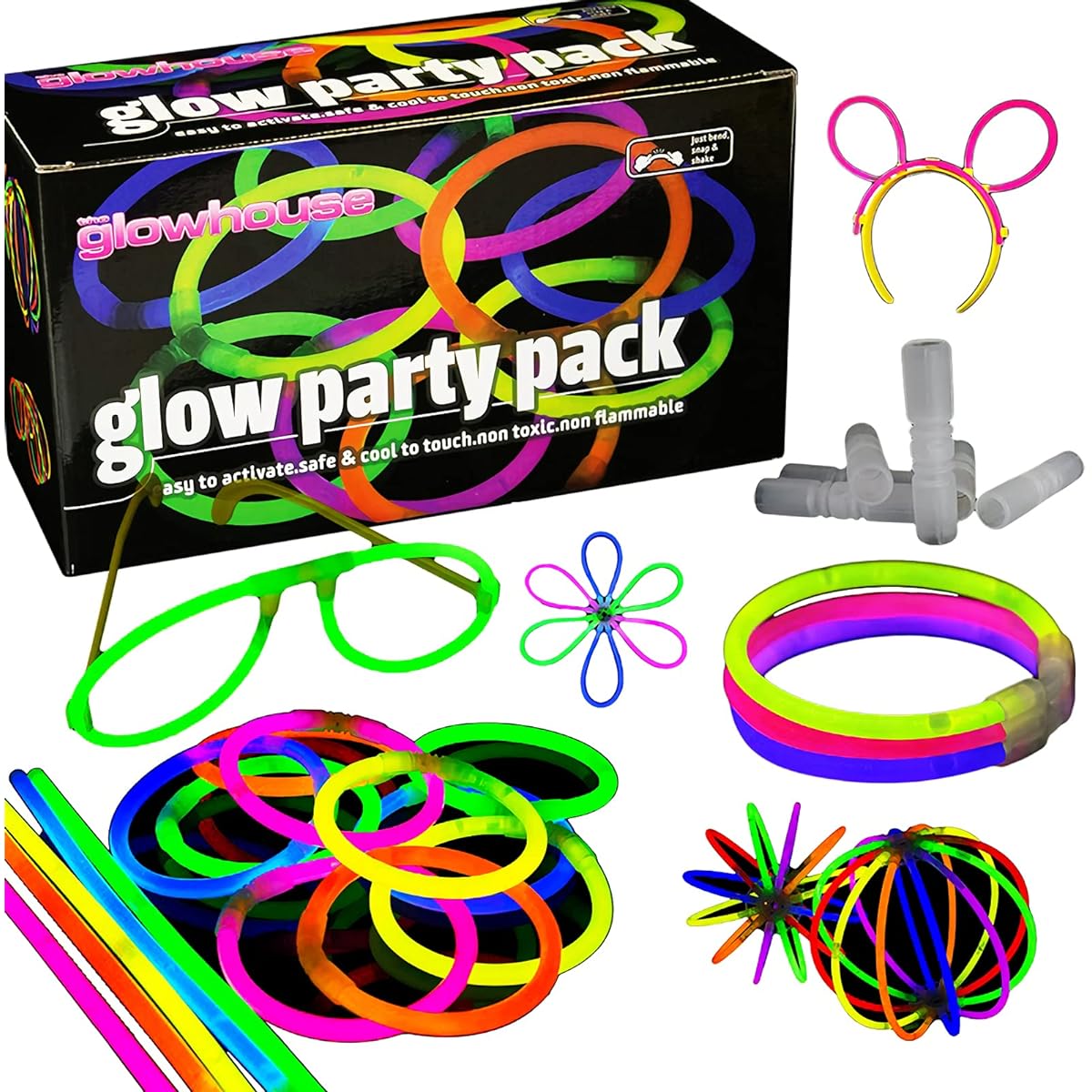 100 Glow Stick Party Pack - Premium Quality - Glowhouse UK Branded - Kit to create: Glowsticks, Bracelets, Necklaces, Glasses, Triple bracelets, Bunny Ears, Balls, Flowers & much more